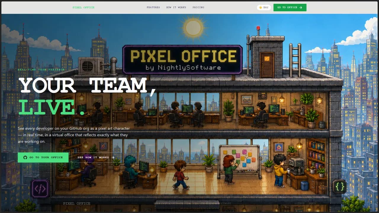 Oficina virtual pixel art de Pixel Office con actividad de equipo.